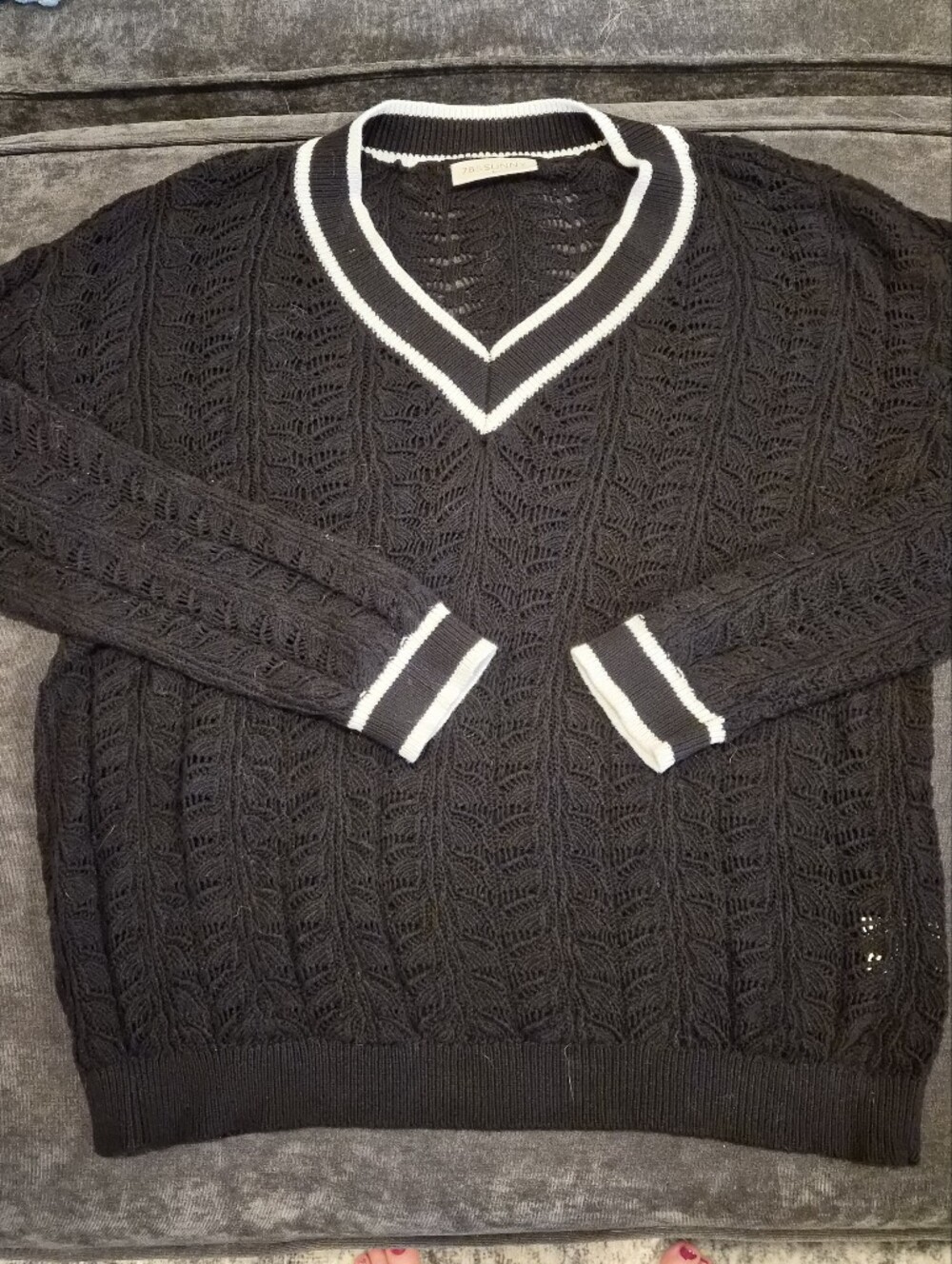 78&Sunny Black Open-Knit V-Neck Sweater with White Trim